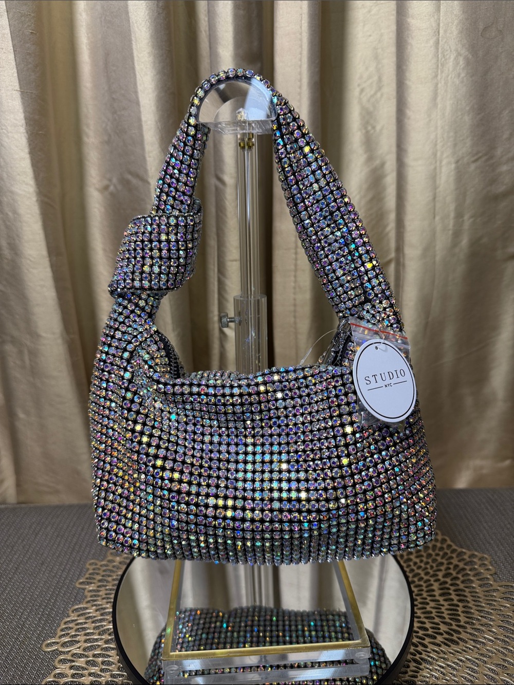 Studio NYC Iridescent Rhinestone Mini Shoulder Bag – Sparkly Evening Party Purse